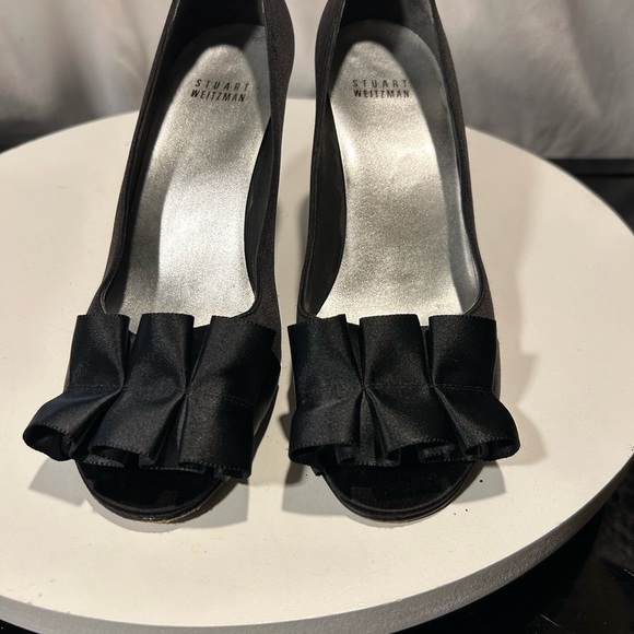 Stuart Weitzman Black Satin Open Toe Gigiritz Heels - Picture 3 of 5